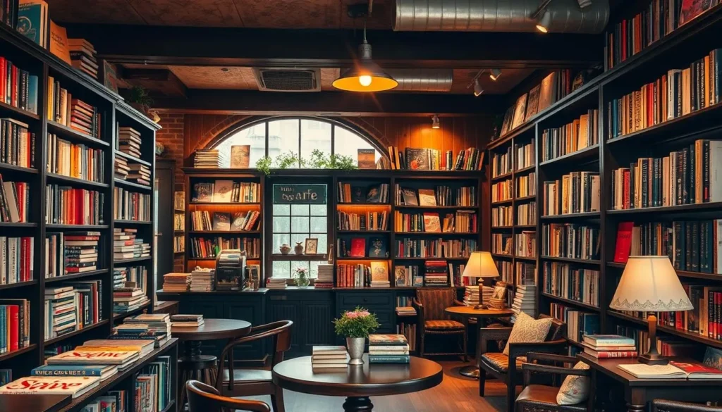 Generate an image of a cozy bookstore with a café area and books on shelves.