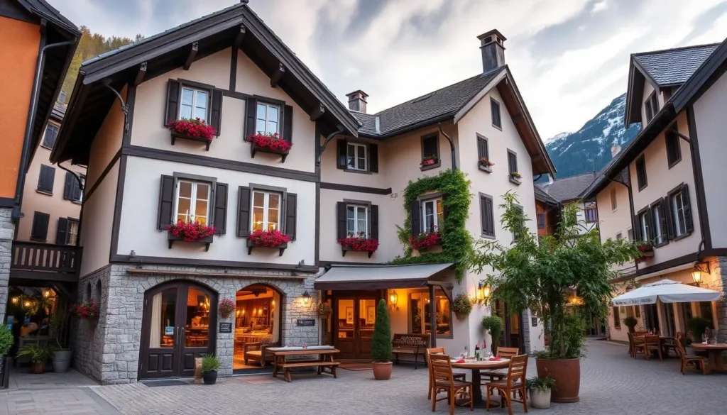 Generate an image of a cozy boutique hotel in Andermatt's historic village center.