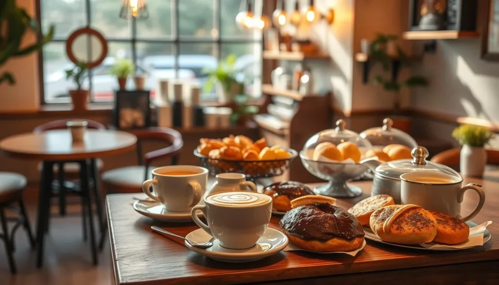 Generate an image of a cozy café with a warm atmosphere, serving coffee and pastries.