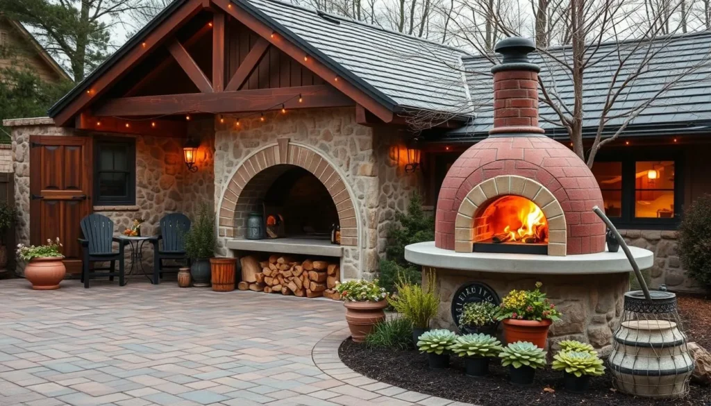 Generate an image of a cozy driveway setting with a woodfire oven, surrounded by a warm and inviting atmosphere.