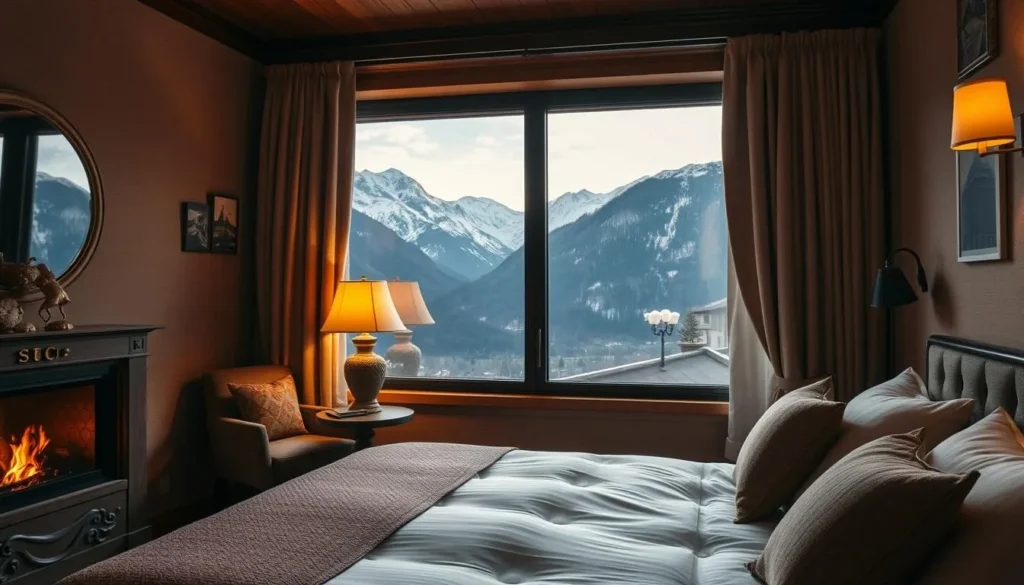 Generate an image of a cozy hotel room in Sion, Switzerland, with a view of the mountains.