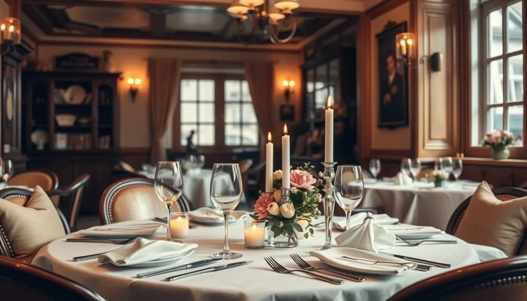 Generate an image of a cozy, intimate French restaurant setting with a beautifully set table.
