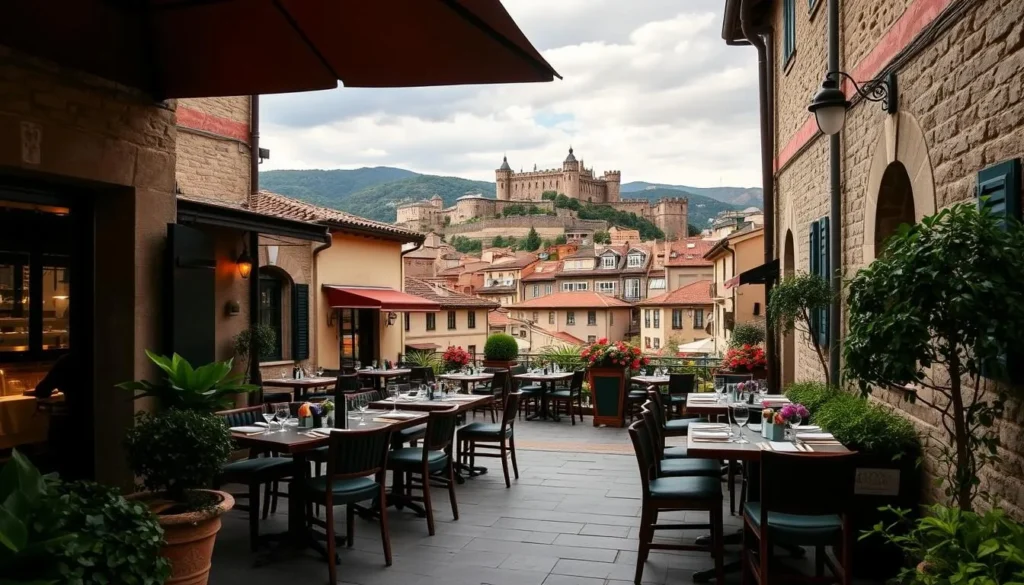 Generate an image of a cozy restaurant in Sion's old town with a terrace overlooking the castle hills.