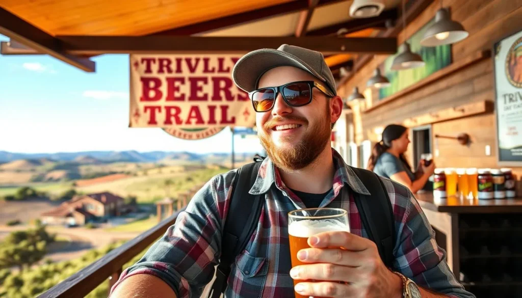 Generate an image of a craft beer enthusiast exploring the Tri-Valley Beer Trail.