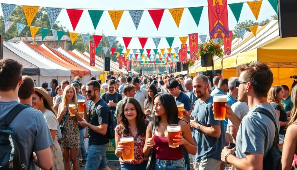 Generate an image of a craft beer festival with people enjoying beer and live music.