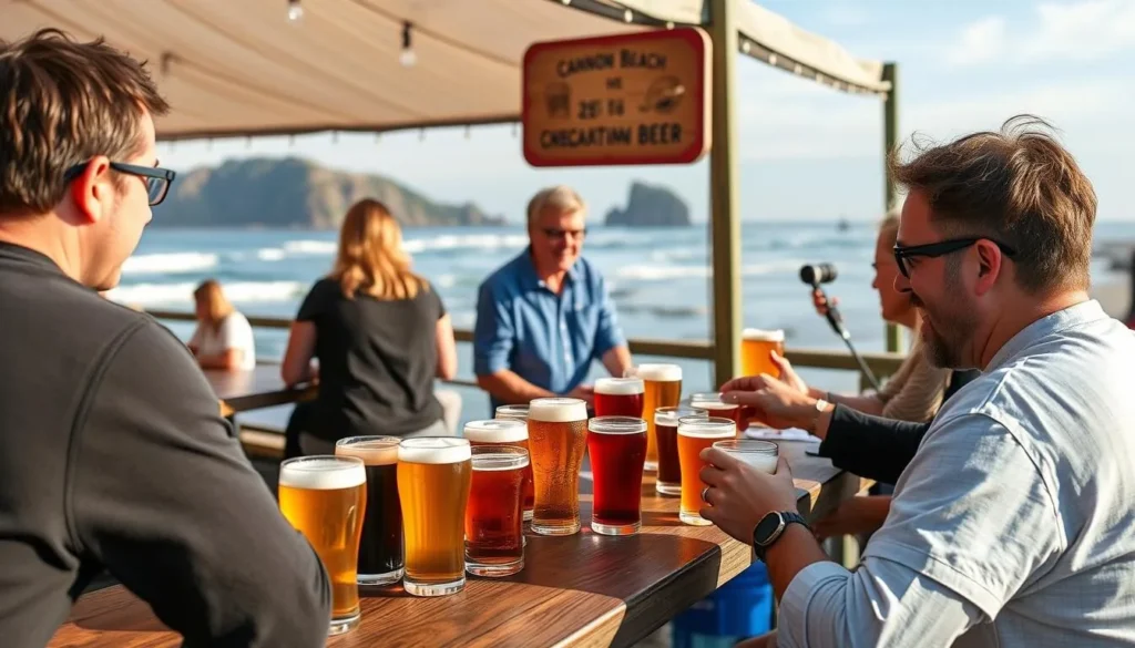 Generate an image of a craft beer tasting experience in Cannon Beach