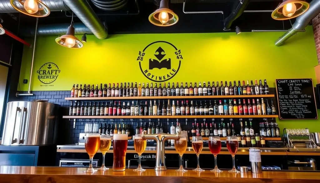 Generate an image of a craft brewery in Marrickville, showcasing its taproom and selection of craft beers.