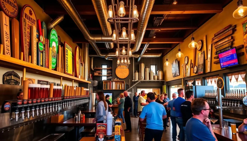 Generate an image of a craft brewery taproom with a large selection of beers on tap.