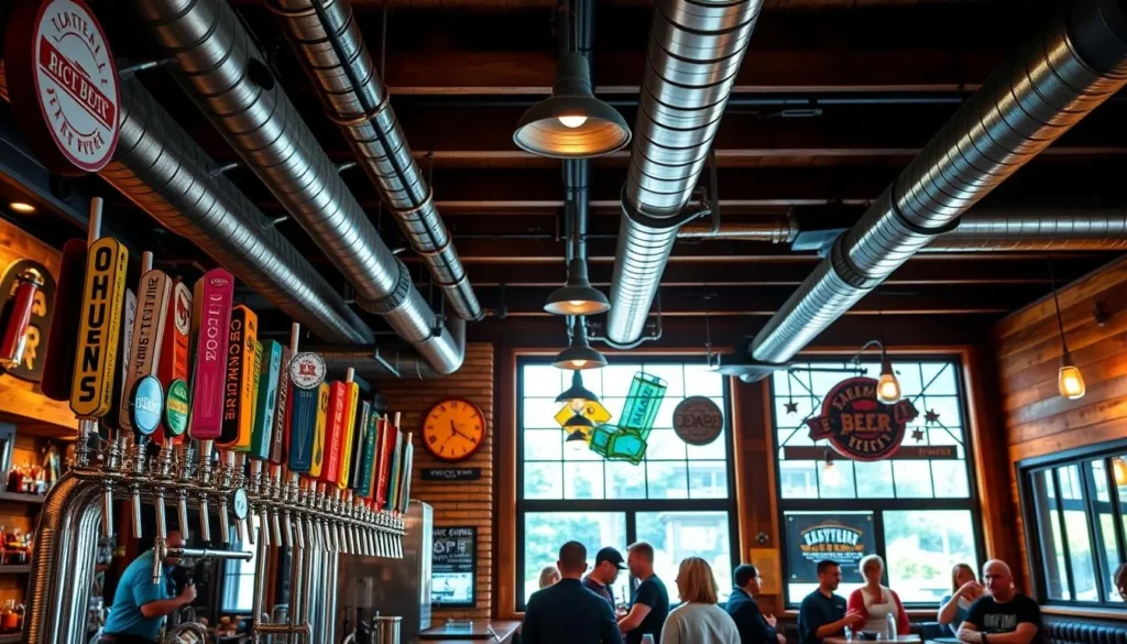 Generate an image of a craft brewery with a variety of beers on tap.