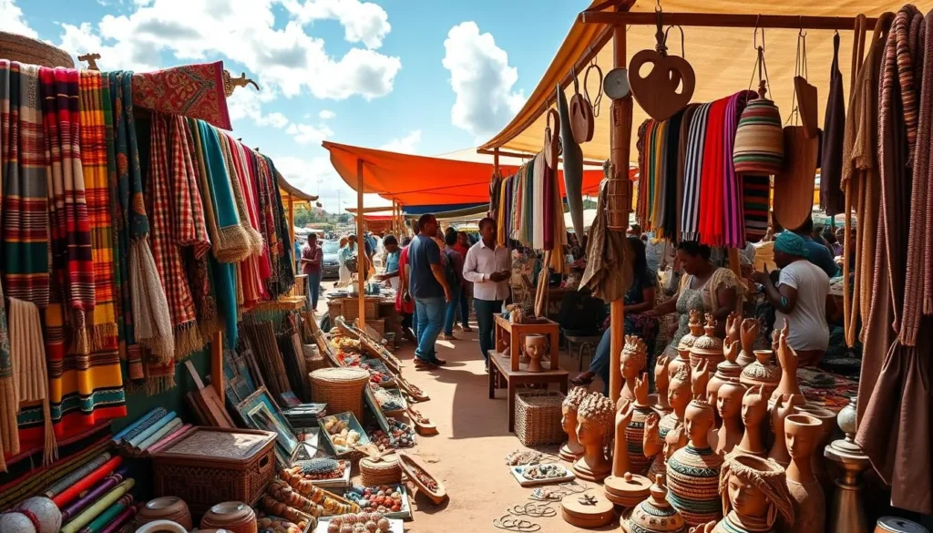 Generate an image of a craft market stall with traditional Mozambican handicrafts.