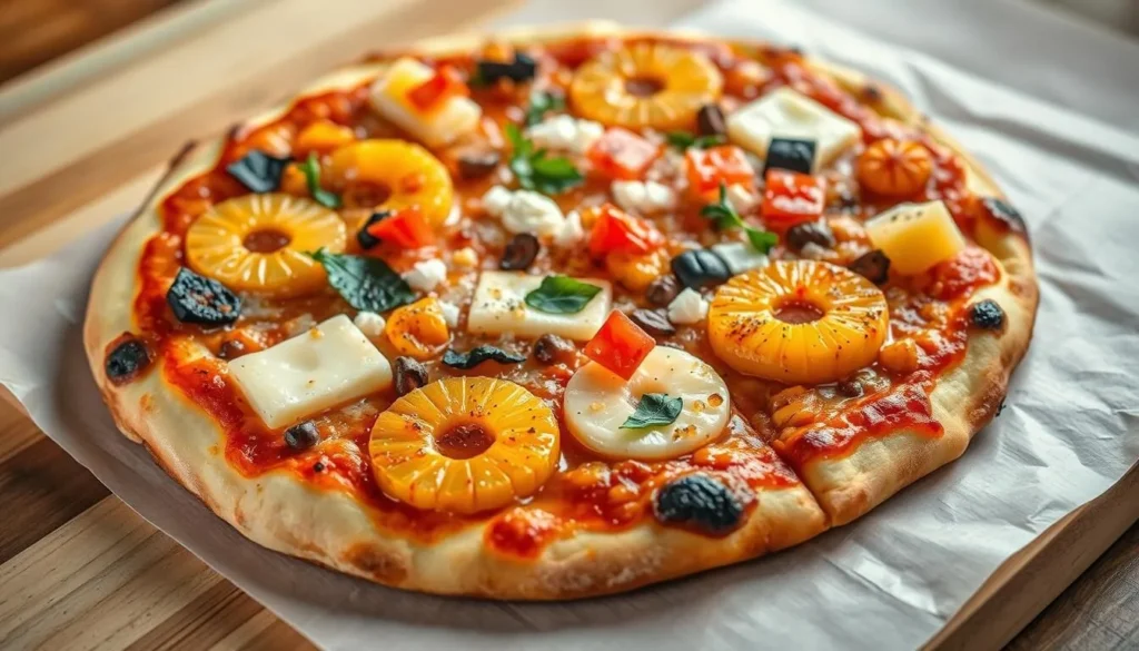 Generate an image of a creative pizza with unique toppings, such as caramelized pineapple and a four-cheese combination.