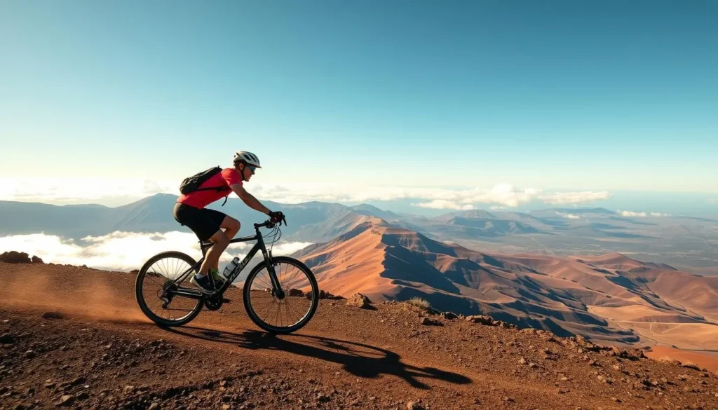 Generate an image of a cyclist riding down Haleakalā's slopes.
