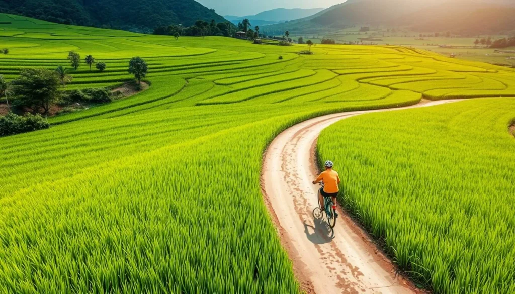 Generate an image of a cyclist riding through lush green rice fields in Ninh Bình.