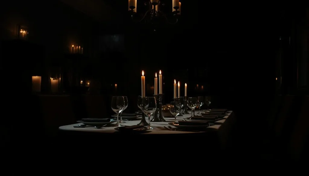 Generate an image of a dark dining room with a table set for a meal.