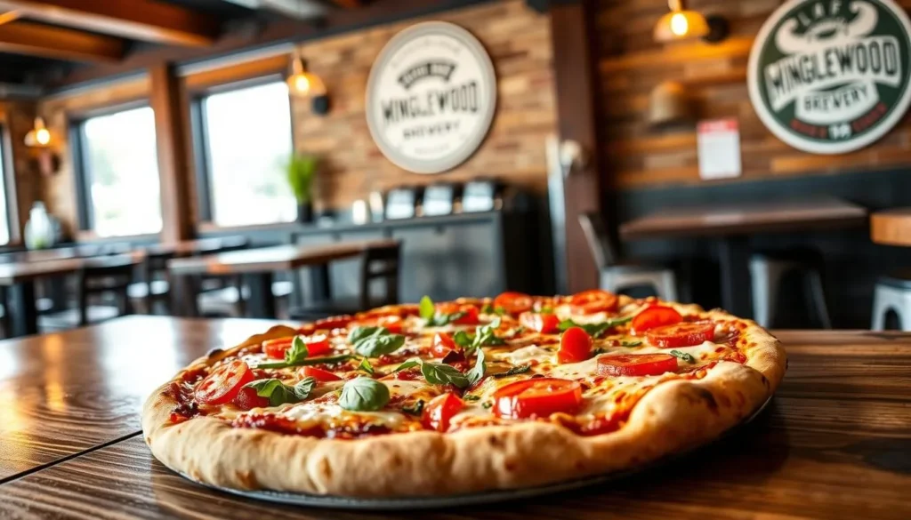 Generate an image of a delicious pizza at Minglewood Brewery