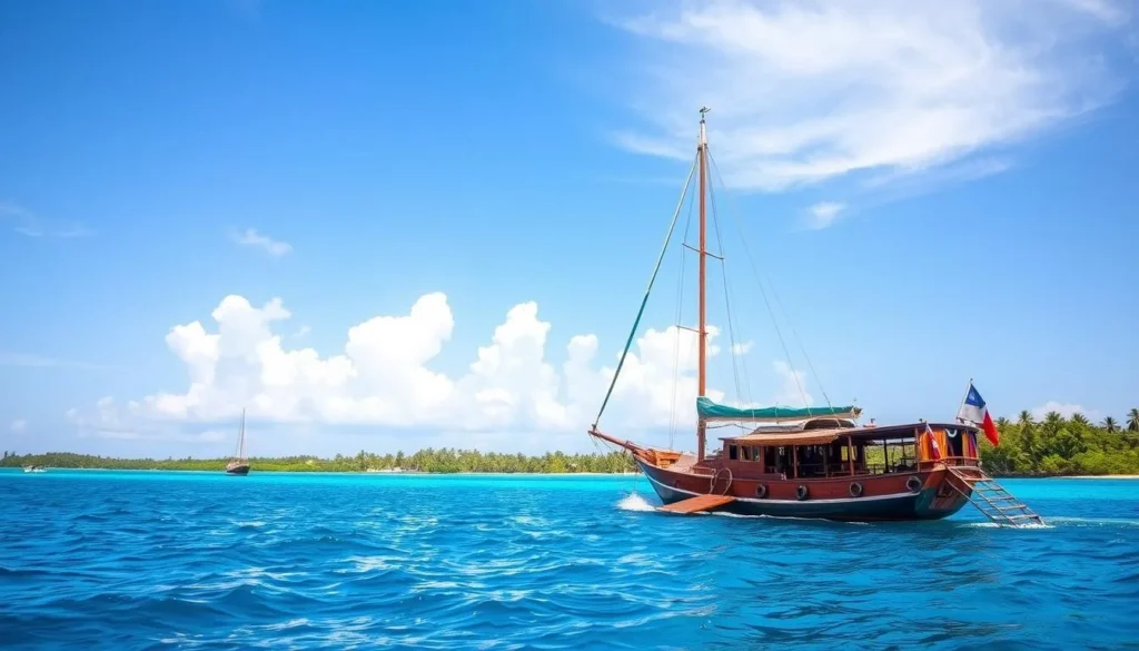 Generate an image of a dhow sailing in the crystal-clear waters of Zanzibar.