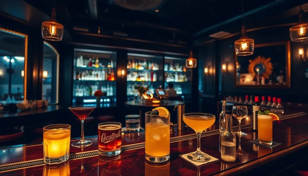 Generate an image of a dimly lit, stylish bar with expertly crafted cocktails.