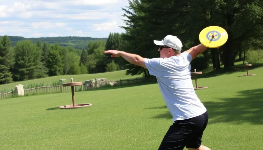 Generate an image of a disc golfer in action at one of the St. Cloud area courses.