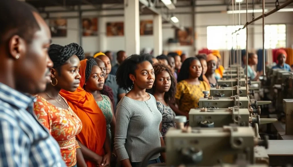 Generate an image of a factory tour at Papaya Store in Antananarivo, showing visitors observing the textile production process.