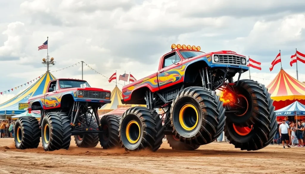 Generate an image of a fairground scene with a monster truck show in progress.