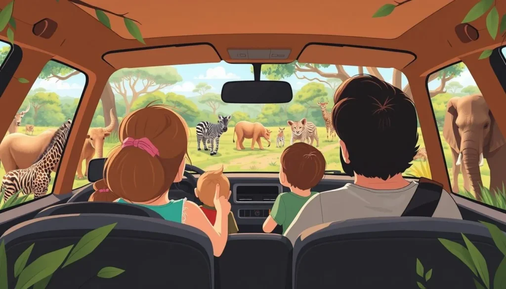 Generate an image of a family driving through the wildlife park, observing animals.