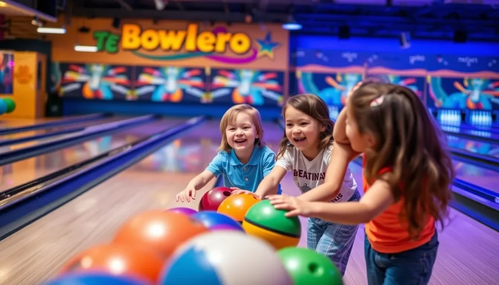 Generate an image of a family enjoying a bowling session at Bowlero Chesterfield, with kids laughing and having fun.