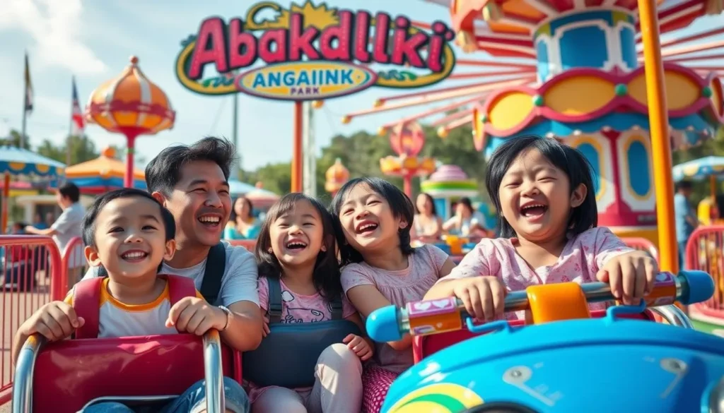 Generate an image of a family enjoying a day at Abakaliki Amusement Park, with children laughing and playing on various rides.