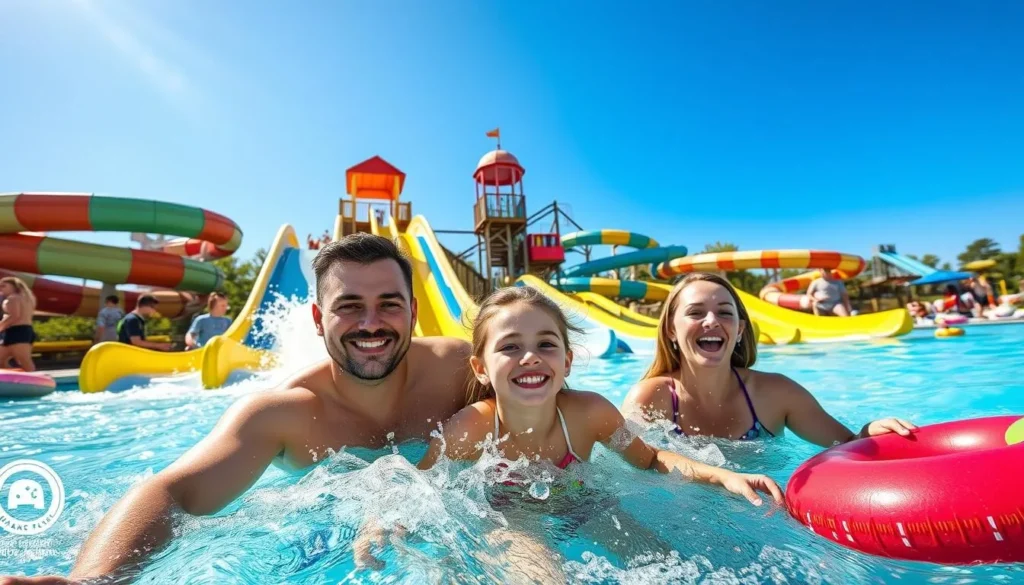 Generate an image of a family enjoying a day at a water park in Branson.