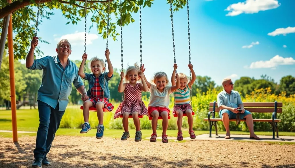 Generate an image of a family enjoying a day out at Orange Farm Park, with children playing on the swings and parents relaxing nearby.