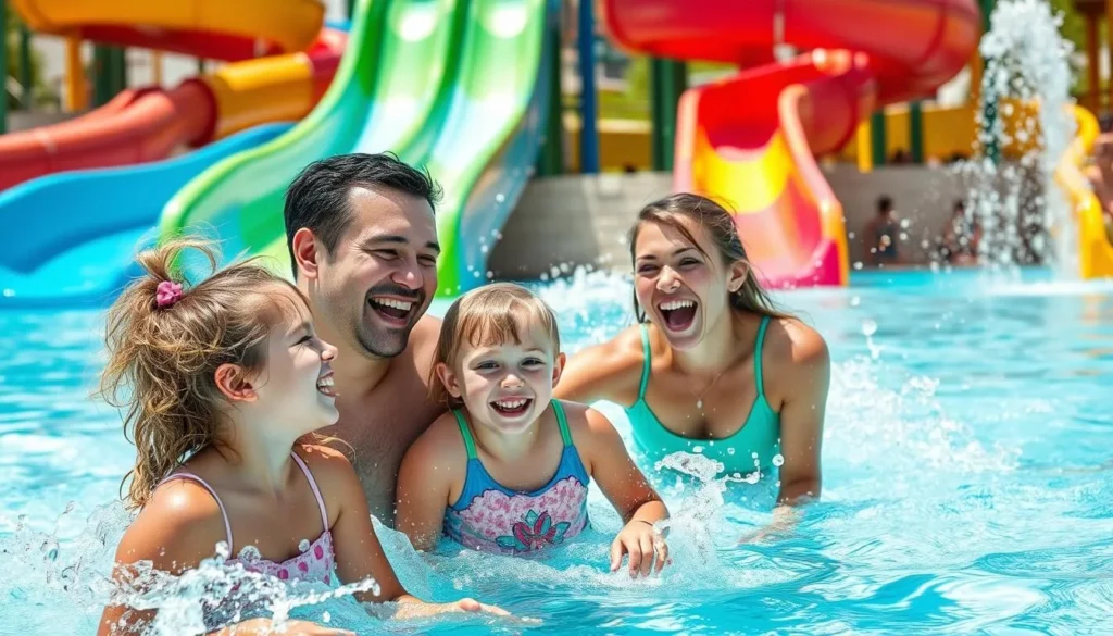 Generate an image of a family enjoying a fun day at Island Oasis Water Park in Grand Island, Nebraska.