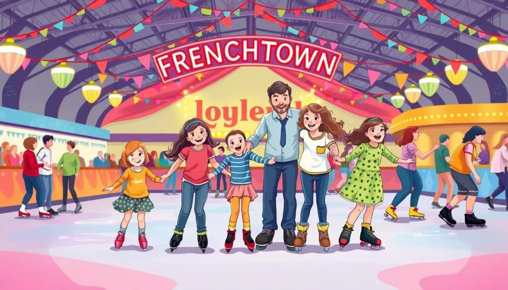 Generate an image of a family enjoying a fun day at the Frenchtown Roller Rink, with kids and adults skating together.