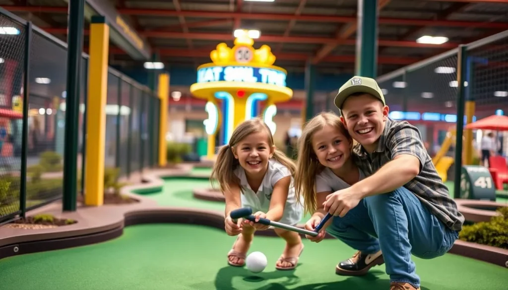 Generate an image of a family enjoying a game of mini-golf at Sluggers and Putters Amusement Park.