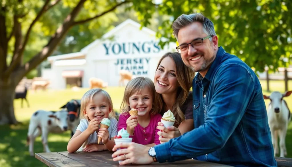 Generate an image of a family enjoying ice cream at Young's Jersey Dairy Farm.