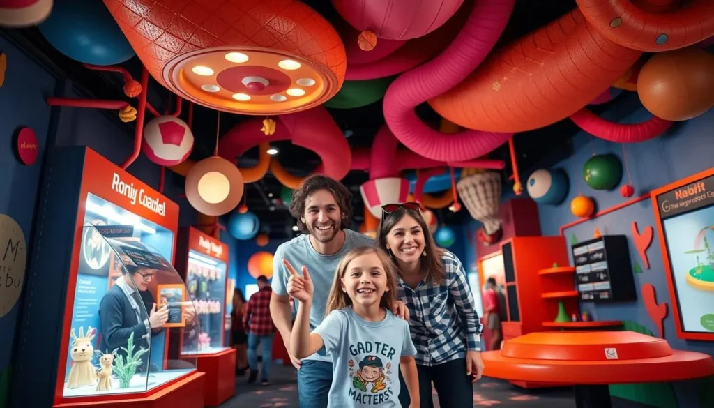 Generate an image of a family enjoying interactive exhibits at an upside-down museum.