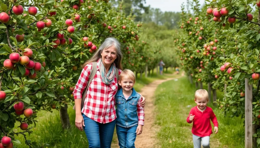 Generate an image of a family enjoying the Altnau Apple Trail with apple trees and activity stations.