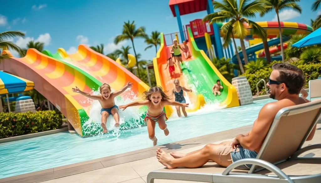 Generate an image of a family enjoying the Gulf Islands Waterpark, with kids playing on the water slides and parents relaxing nearby.