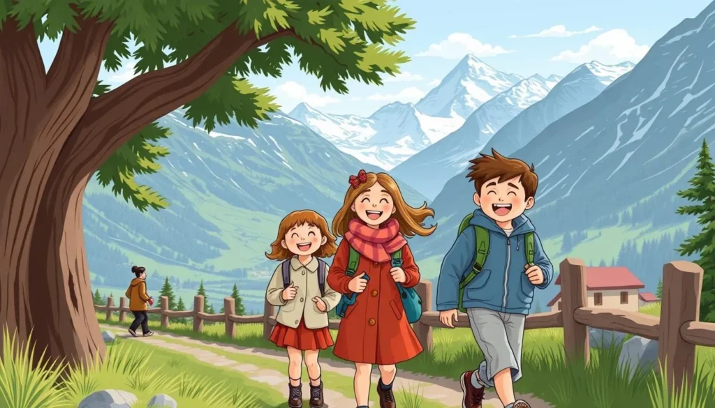 Generate an image of a family enjoying the Wolli Wonderland Theme Trail in Zermatt, with interactive stations and Alpine scenery.