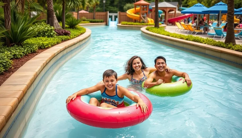 Generate an image of a family enjoying the lazy river at Cape Splash Family Aquatic Center.