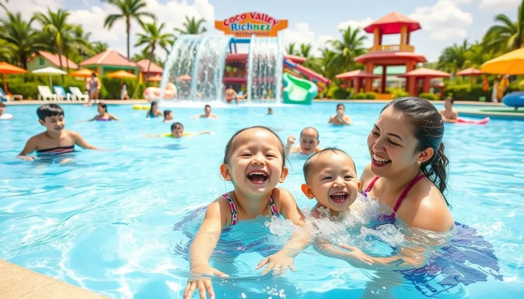 Generate an image of a family enjoying the pools at Coco Valley Richnez Waterpark.