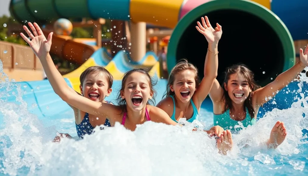 Generate an image of a family enjoying the water slides at Casitas Water Adventure Park.
