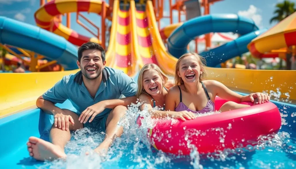 Generate an image of a family enjoying the water slides at Splash Island Water Park.