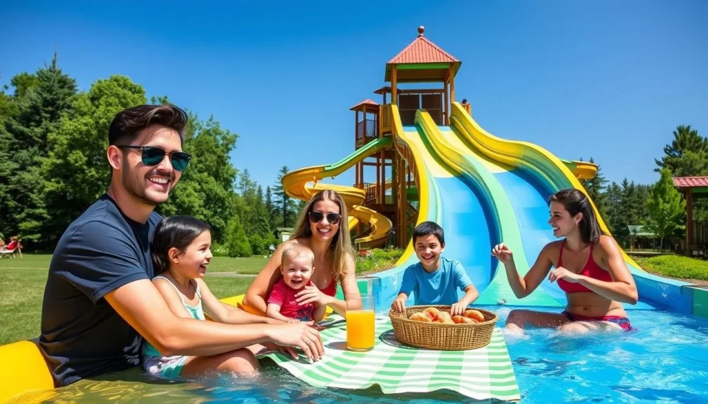 Generate an image of a family enjoying water slides and picnic at Pines Resort
