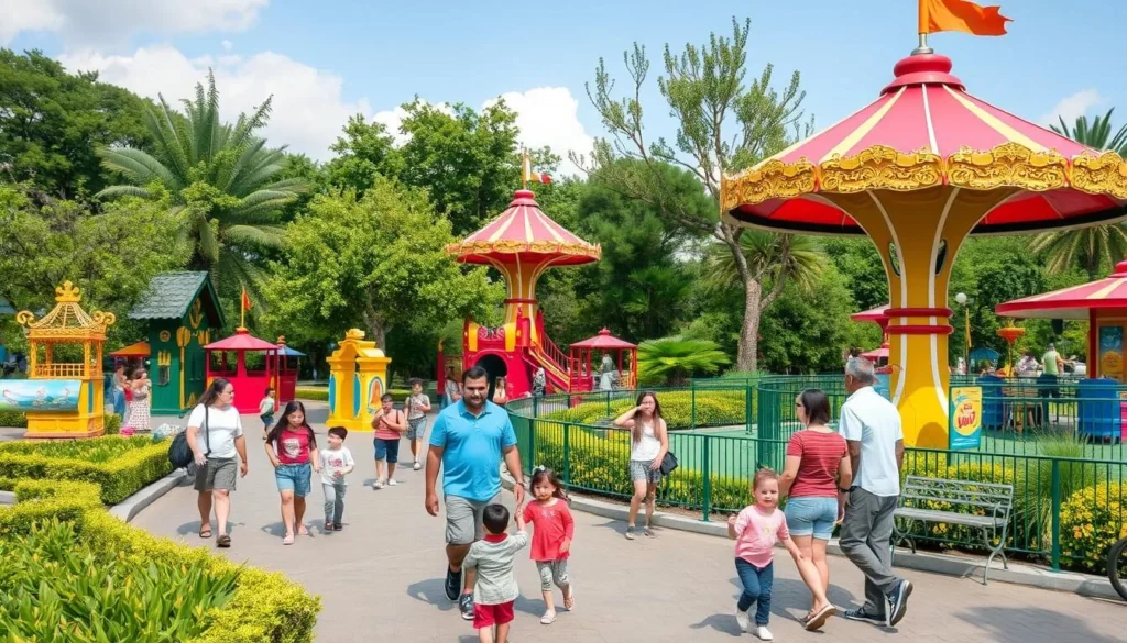 Generate an image of a family-friendly park with various rides and play stations.