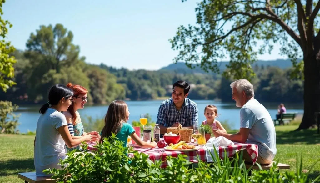 Generate an image of a family having a picnic at one of Lake Temescal's picnic areas