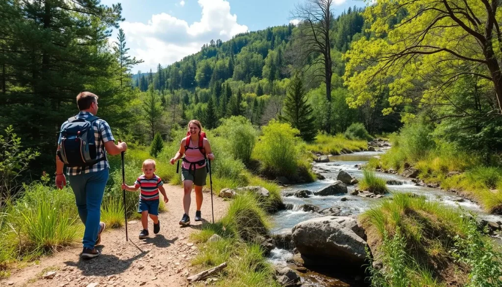 Generate an image of a family hiking through the trails of Maramec Spring Park.