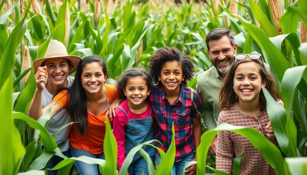 Generate an image of a family navigating a corn maze at Baggenstos Farm.