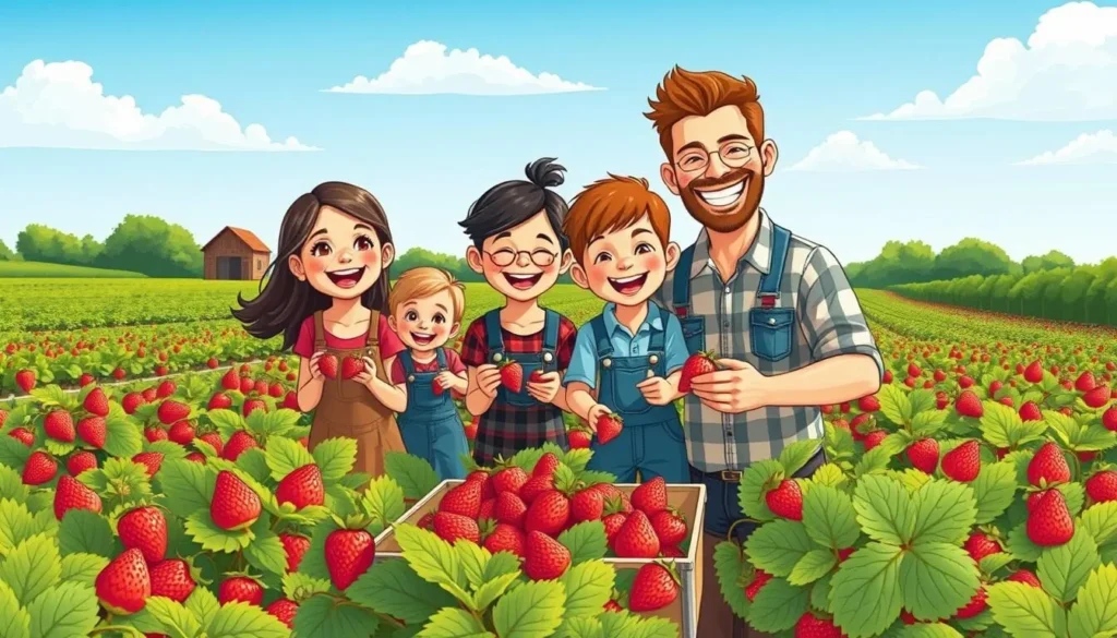 Generate an image of a family picking strawberries at Blooms and Berries Farm Market