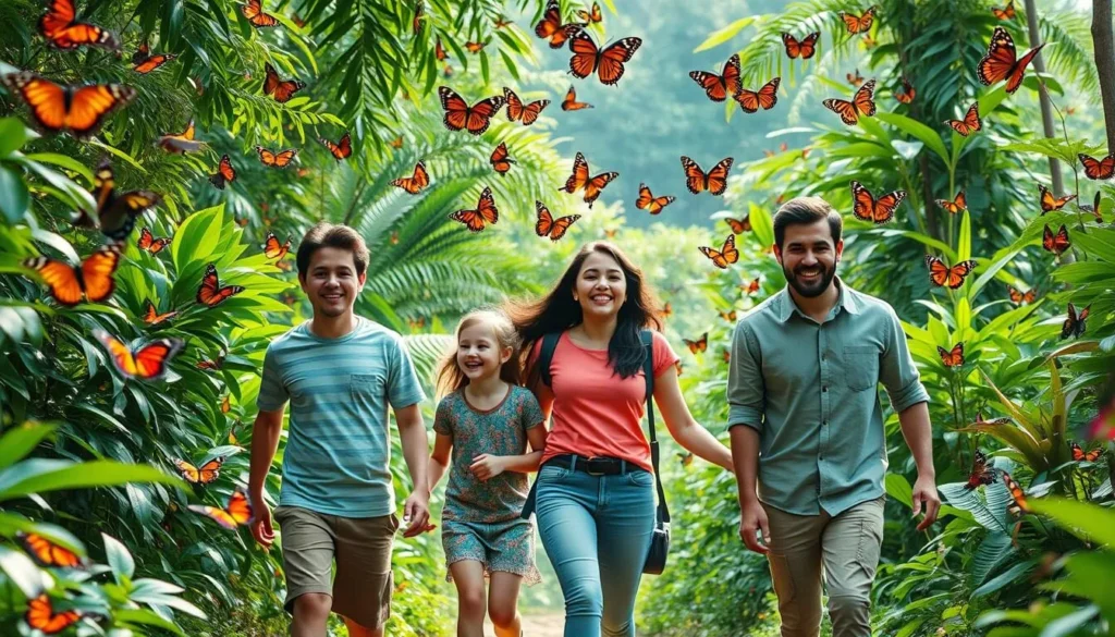 Generate an image of a family walking through a lush rainforest filled with butterflies.
