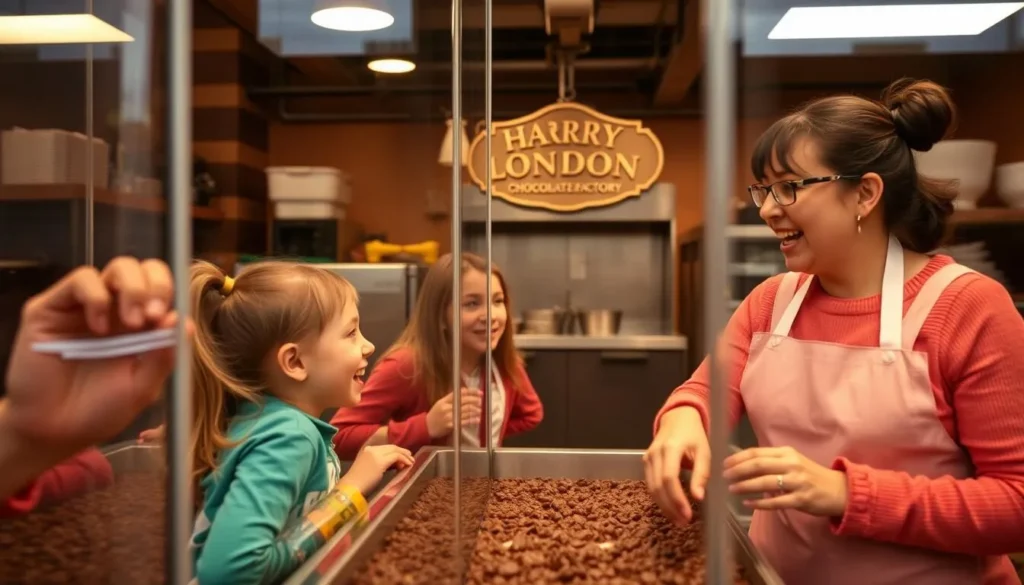 Generate an image of a family watching chocolate being made through a large glass window at the Harry London Chocolate Factory.