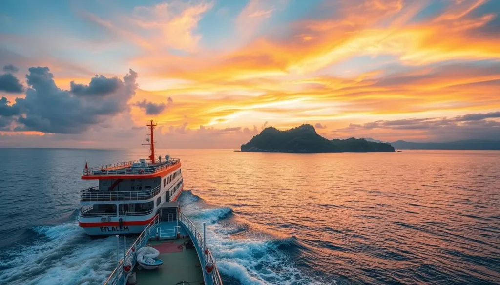 Generate an image of a ferry approaching Cijin Island